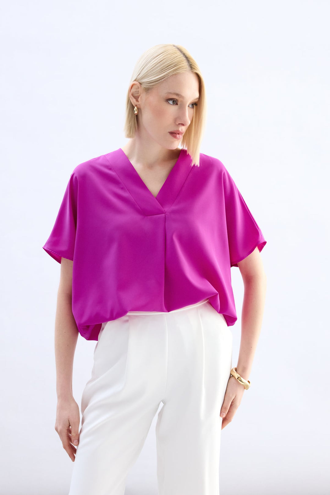 Sateen Blouse à Manches Courtes Large - Fuchsia