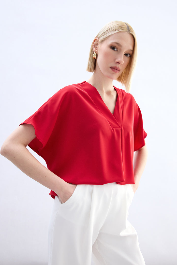 Sateen Blouse à Manches Courtes Large - Rouge