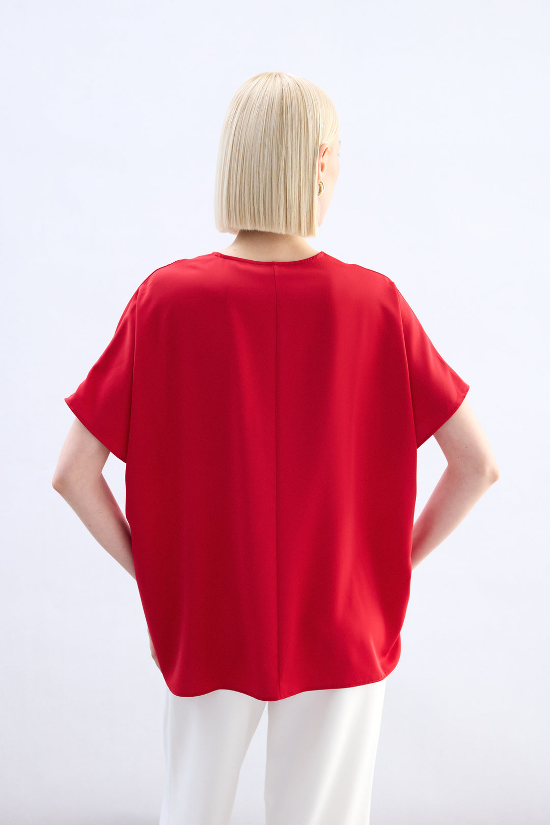Sateen Blouse à Manches Courtes Large - Rouge