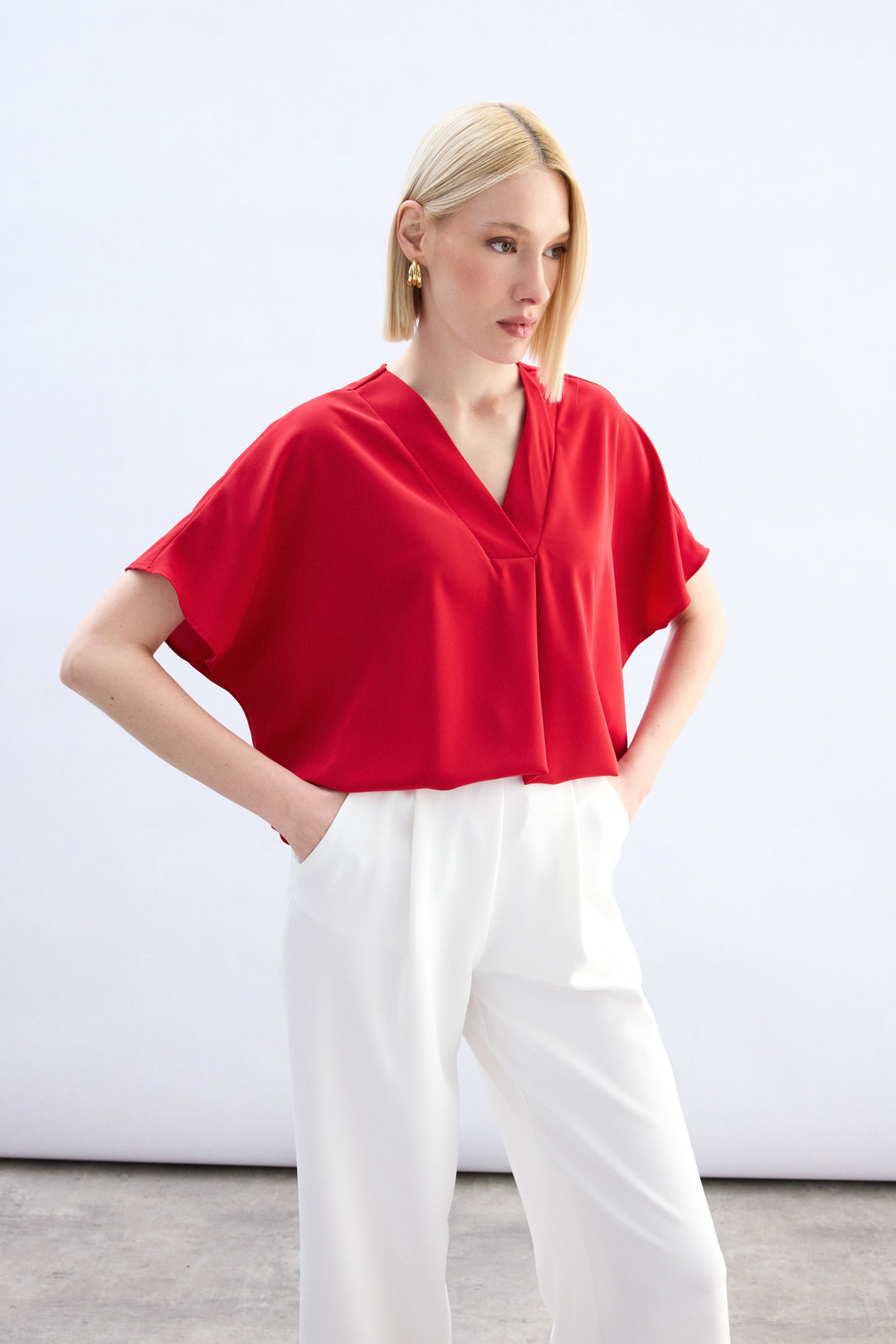 Sateen Blouse à Manches Courtes Large - Rouge