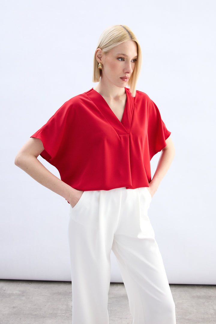 Sateen Blouse à Manches Courtes Large - Rouge