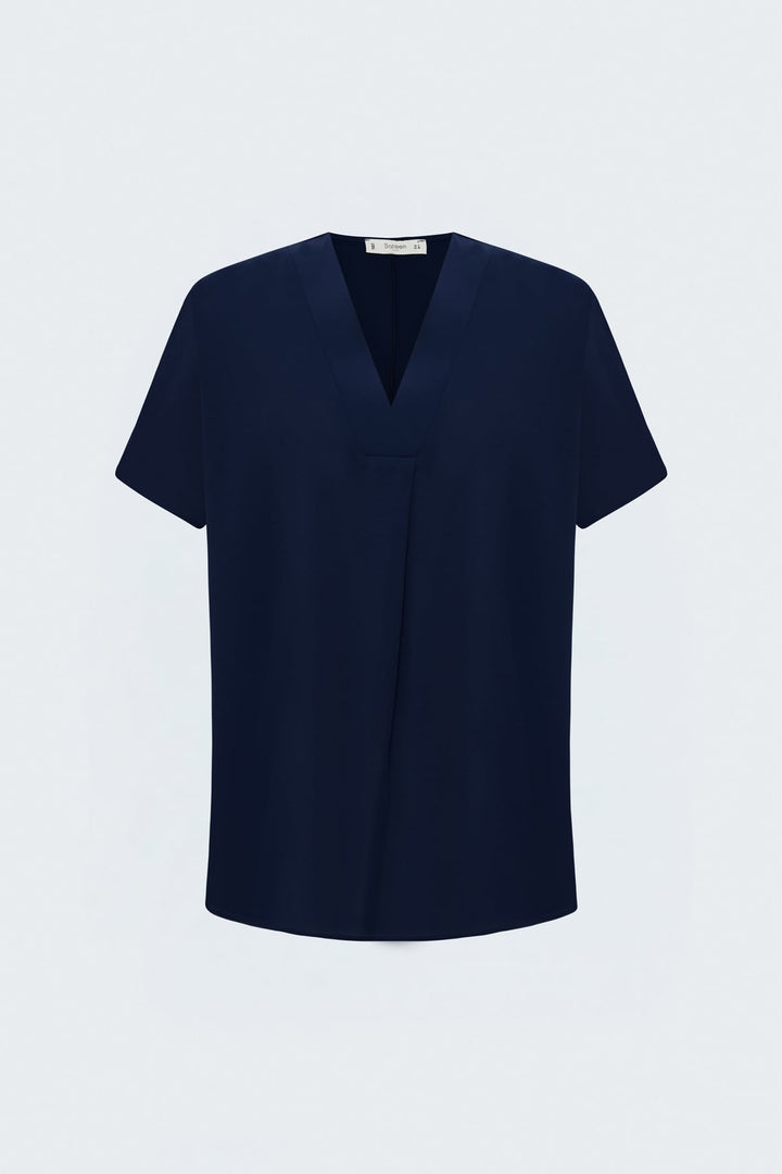 Sateen Blouse Large Manches Courtes - Bleu marine