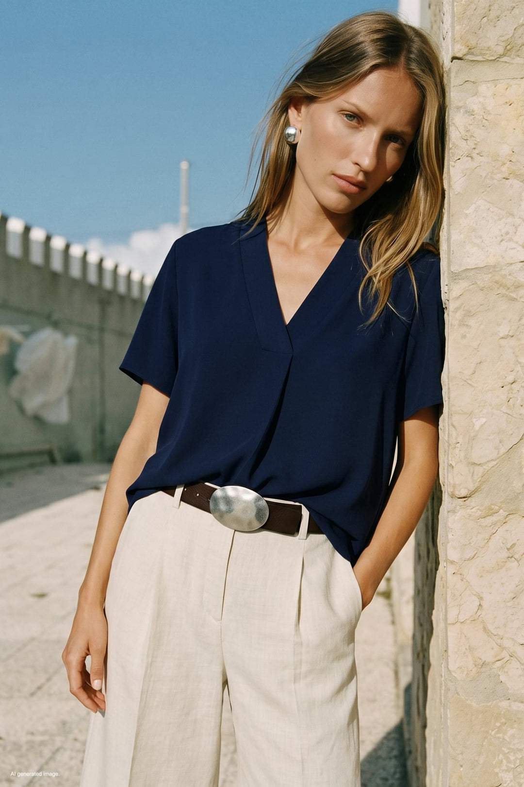 Sateen Blouse Large Manches Courtes - Bleu marine