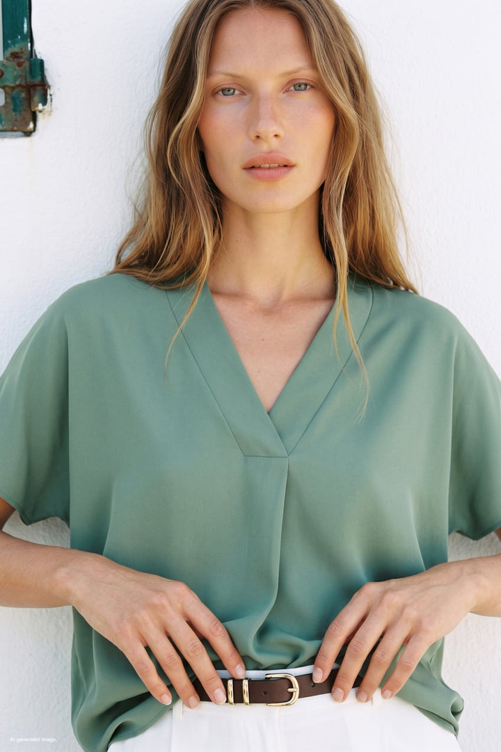 Sateen Blouse Large Manches Courtes - Menthe