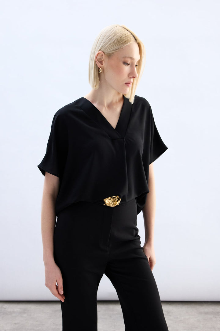 Sateen Blouse à Manches Courtes Large - Noir