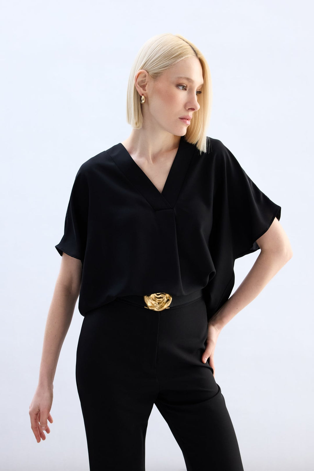 Sateen Blouse à Manches Courtes Large - Noir