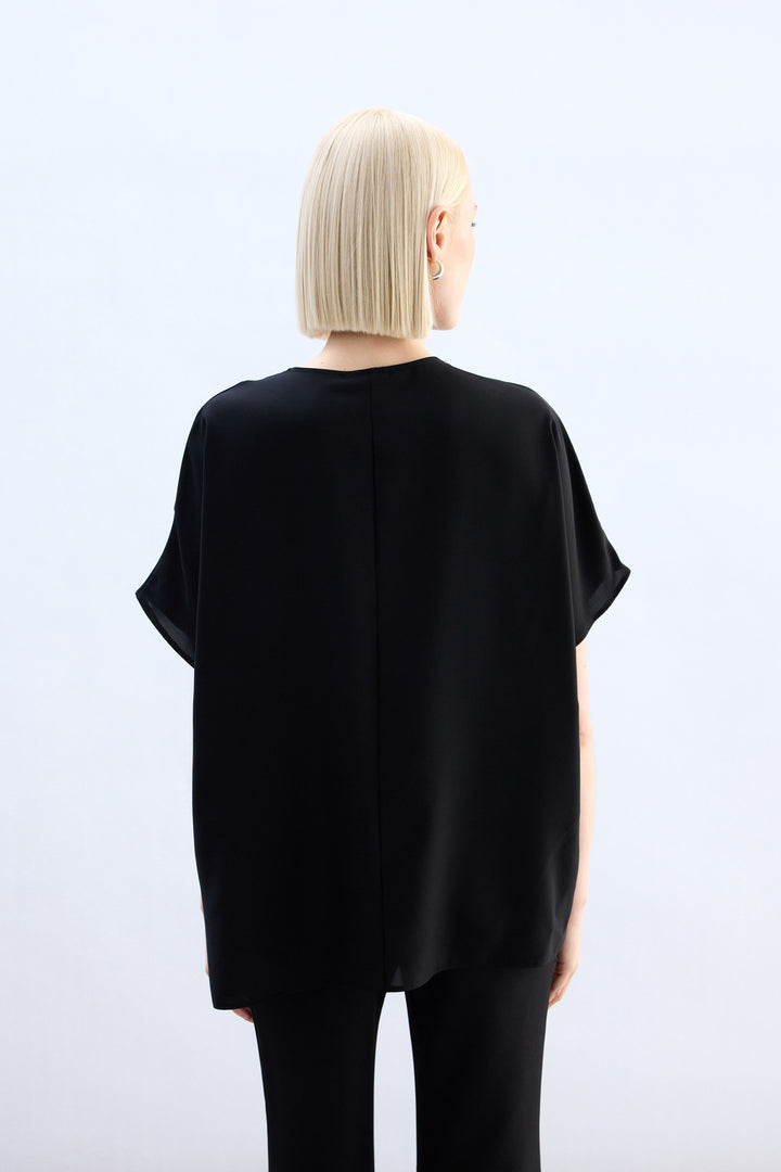 Sateen Blouse à Manches Courtes Large - Noir