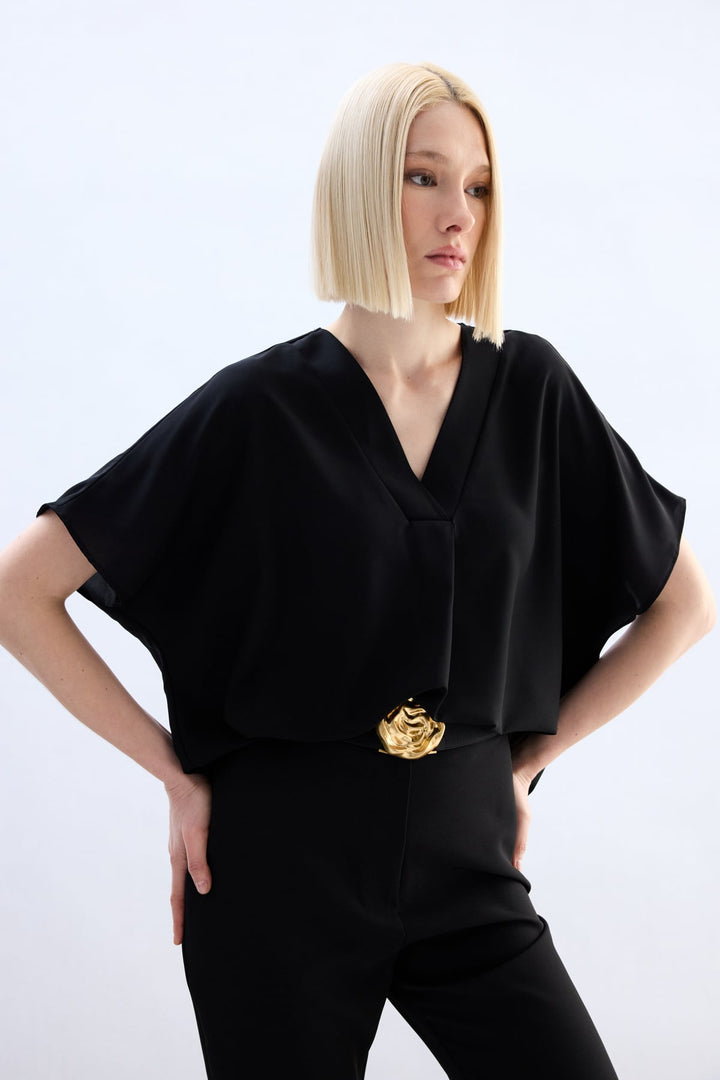 Sateen Blouse à Manches Courtes Large - Noir