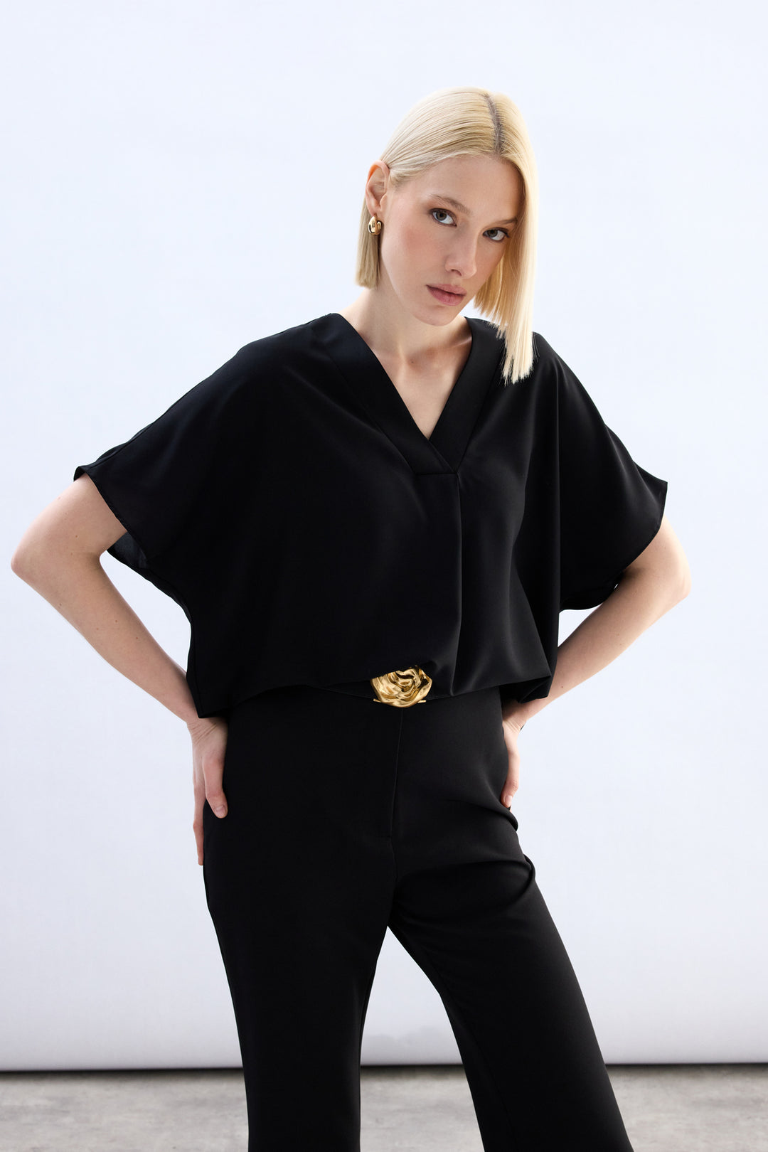 Sateen Blouse à Manches Courtes Large - Noir