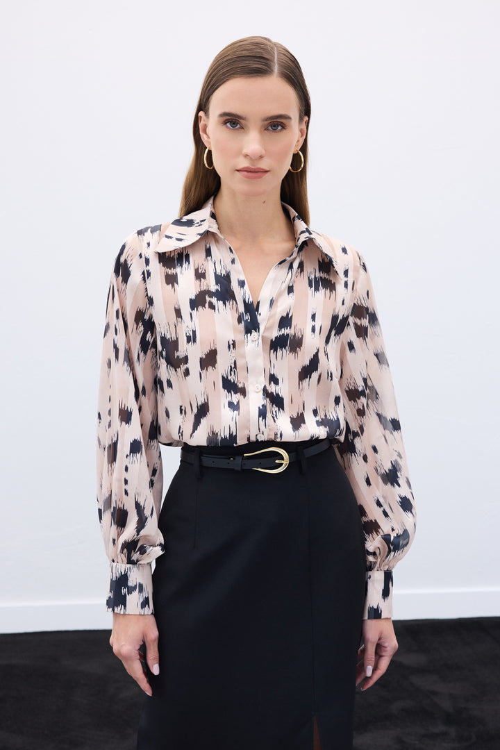 Sateen Chemise imprimée à larges poignets - Beige