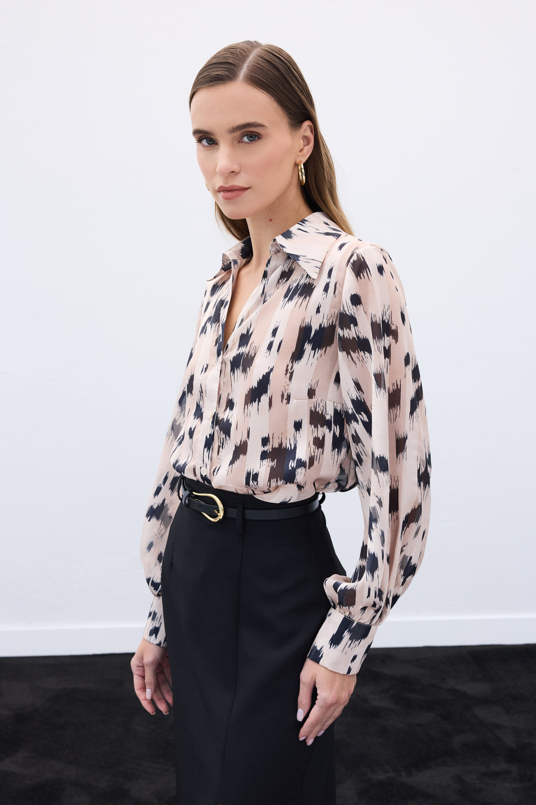 Sateen Chemise imprimée à larges poignets - Beige
