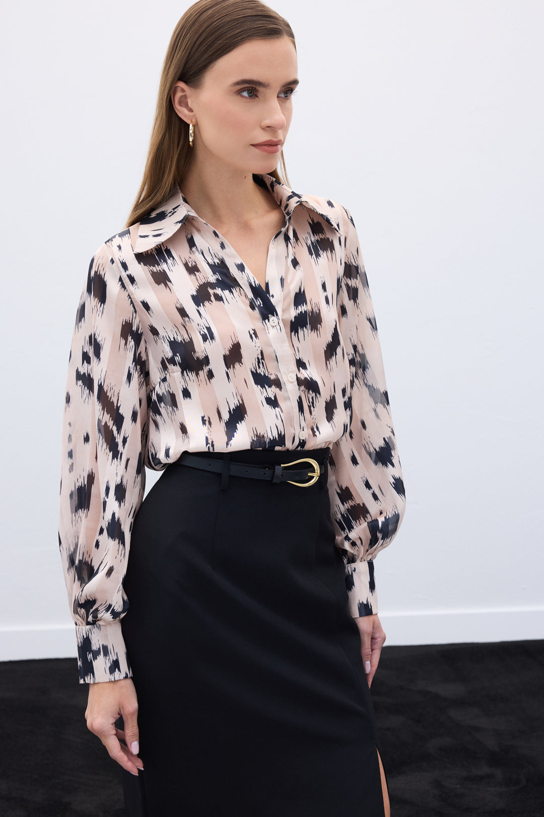 Sateen Chemise imprimée à larges poignets - Beige
