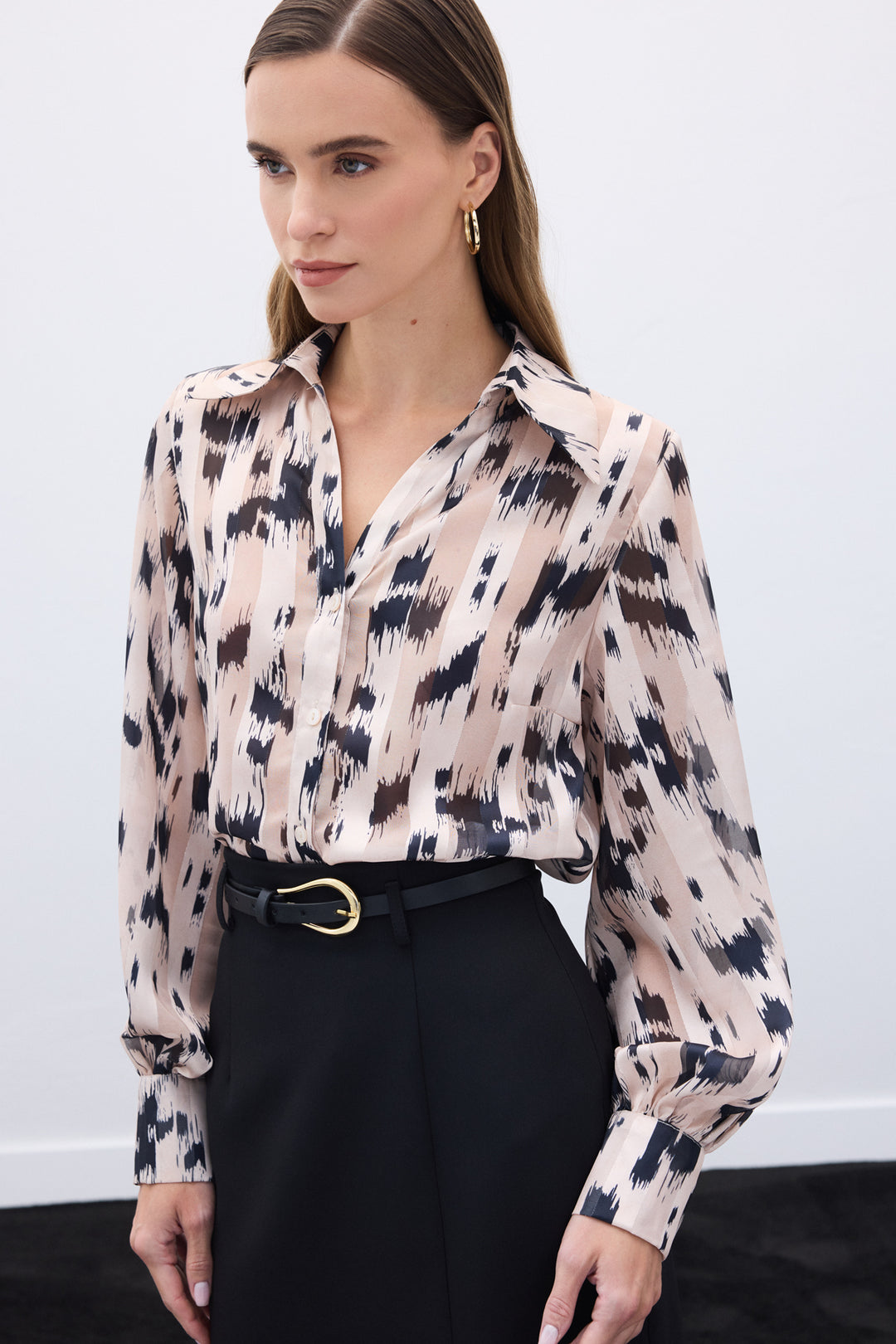 Sateen Chemise imprimée à larges poignets - Beige
