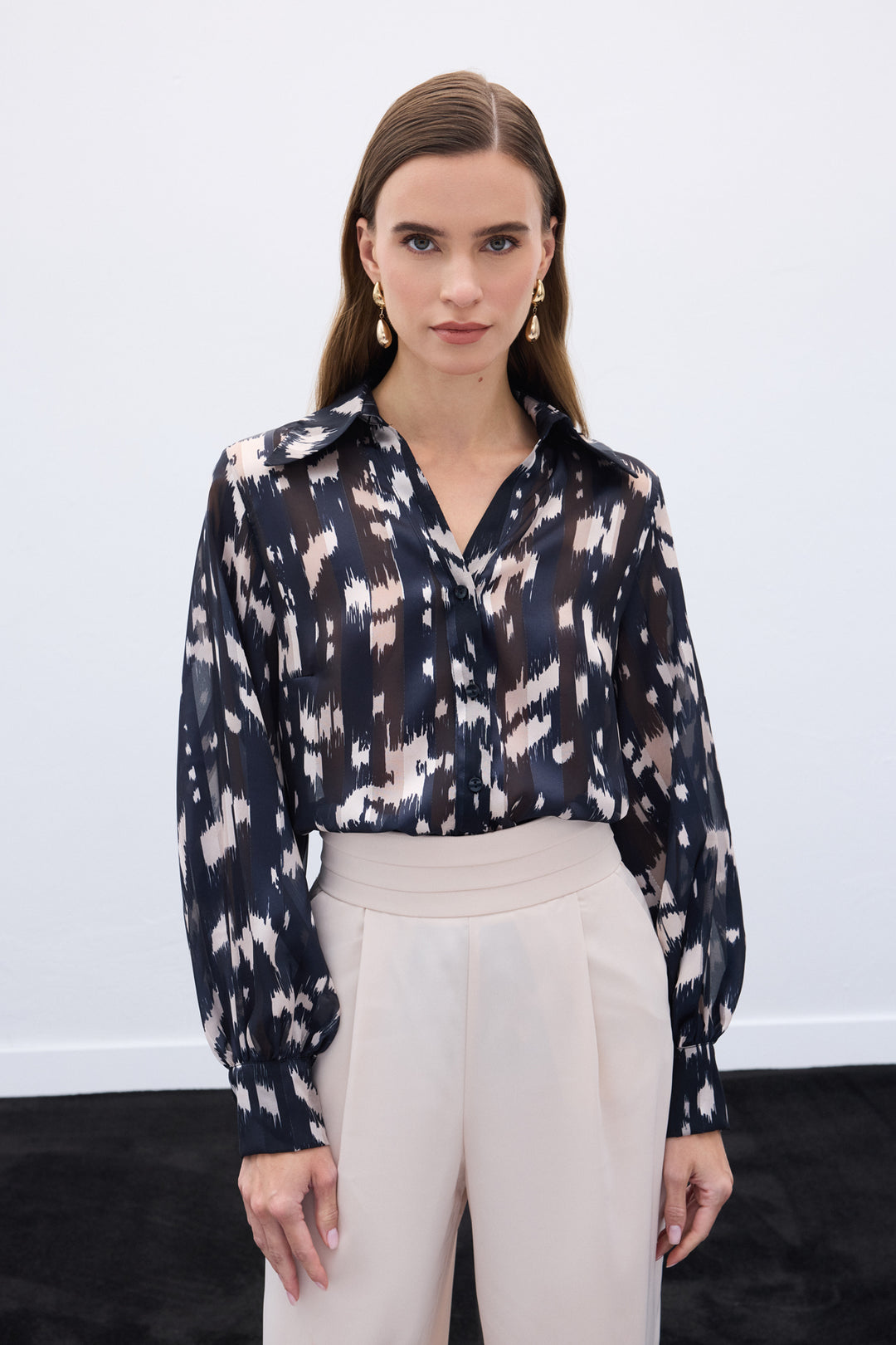 Sateen Chemise à motifs à manches larges - Noir