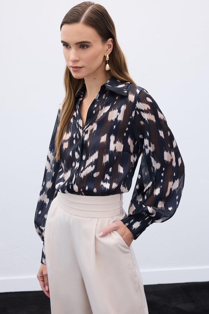 Sateen Chemise à motifs à manches larges - Noir