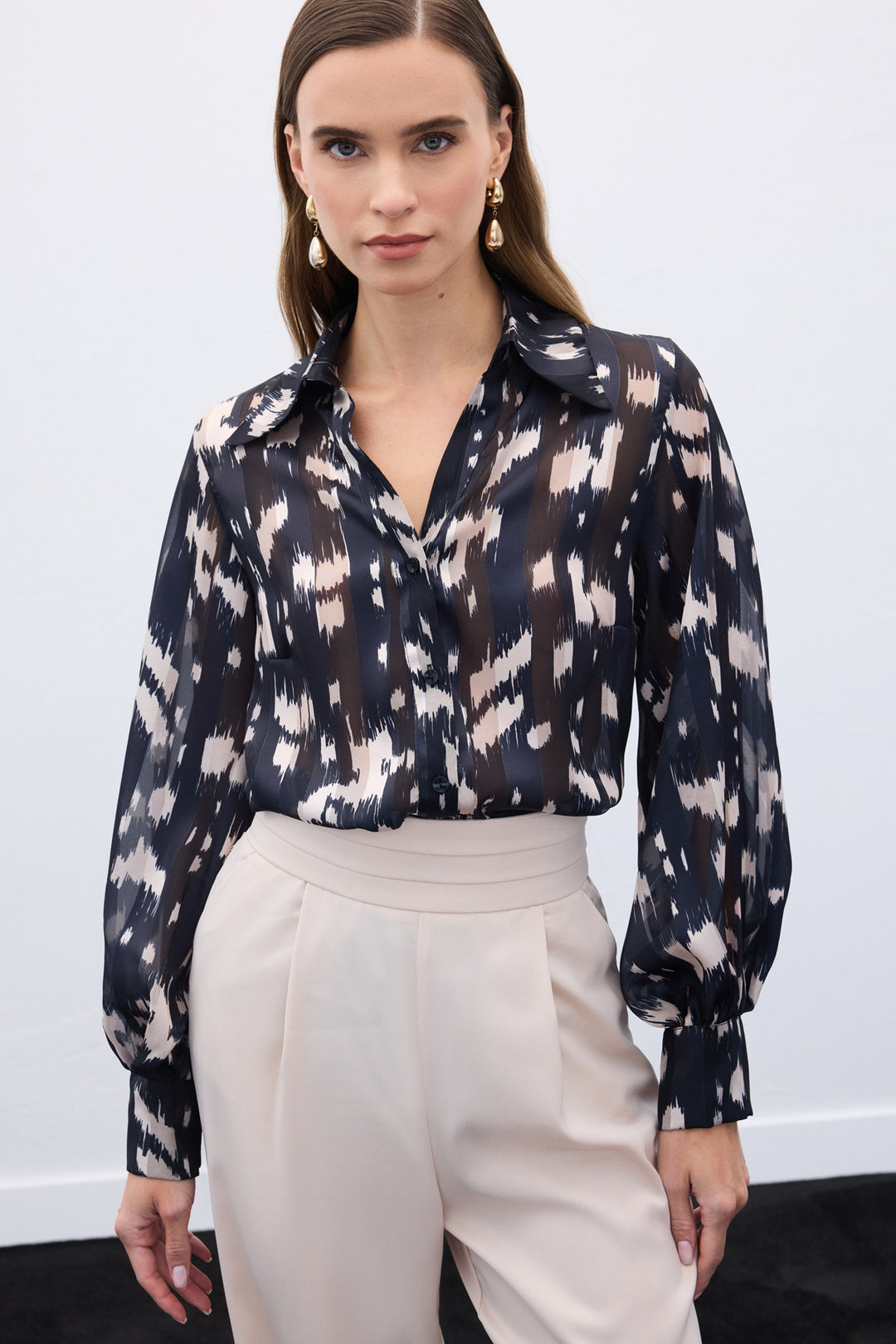 Sateen Chemise à motifs à manches larges - Noir