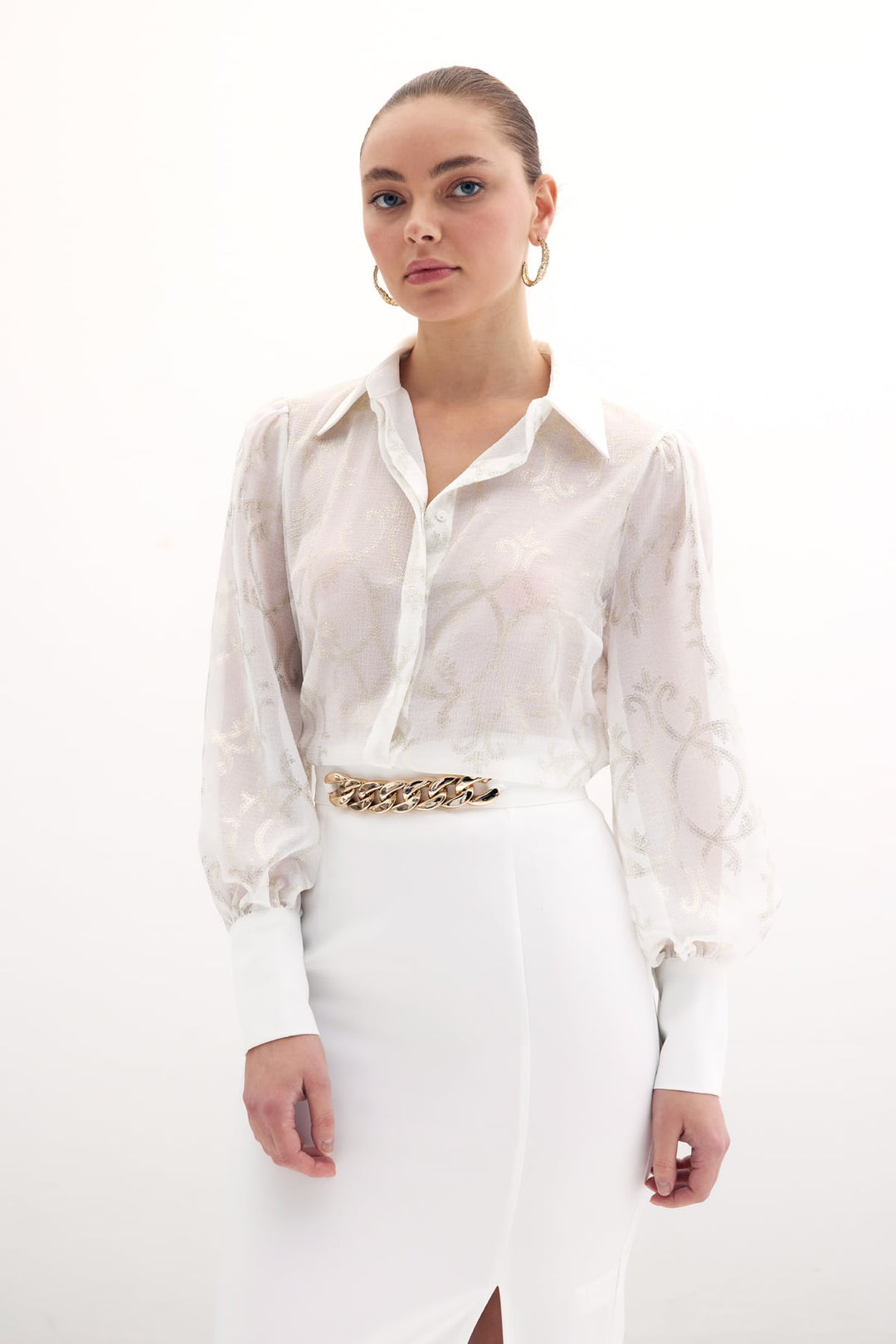 Sateen Chemise en Chiffon à Manches Amples - Écru
