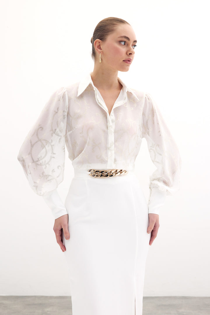 Sateen Chemise en Chiffon à Manches Amples - Écru
