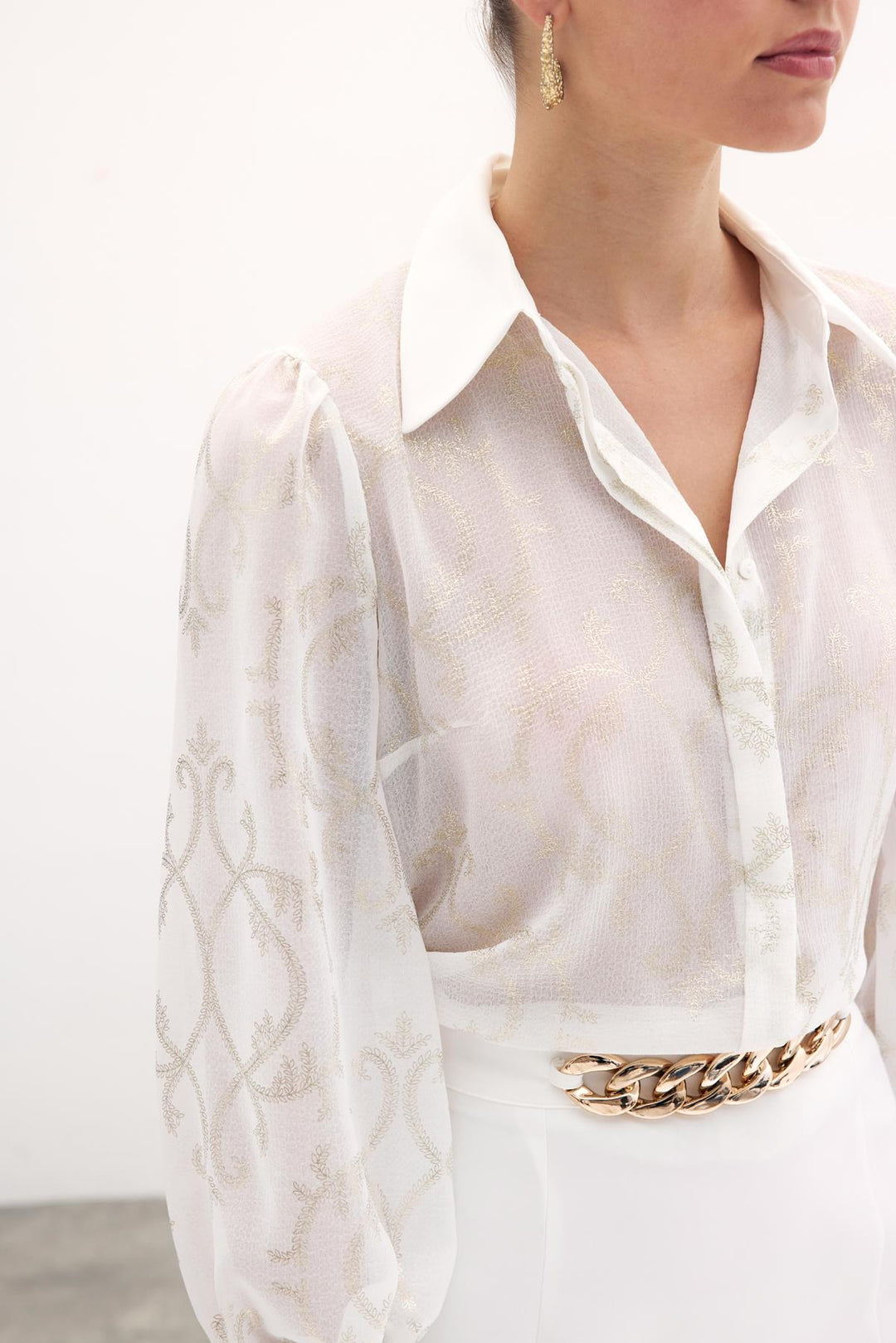 Sateen Chemise en Chiffon à Manches Amples - Écru