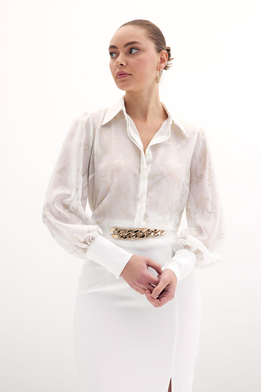 Sateen Chemise en Chiffon à Manches Amples - Écru