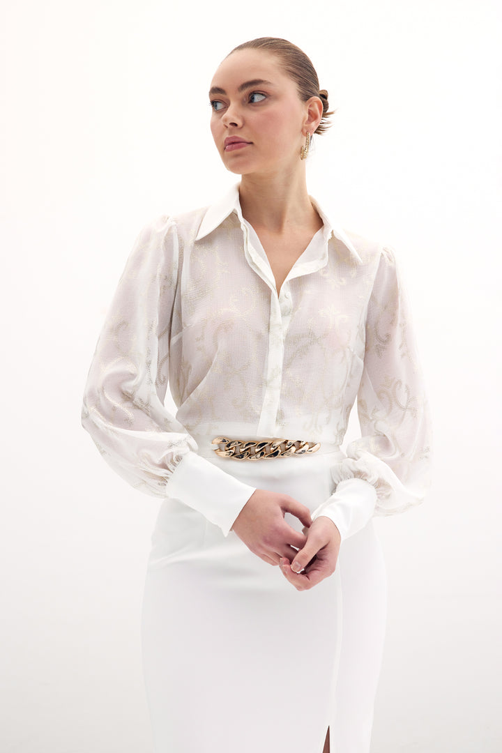 Sateen Chemise en Chiffon à Manches Amples - Écru