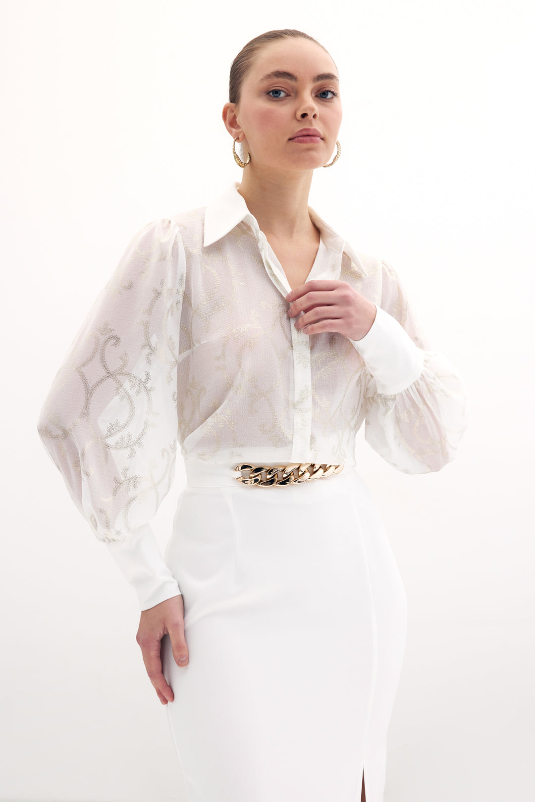 Sateen Chemise en Chiffon à Manches Amples - Écru