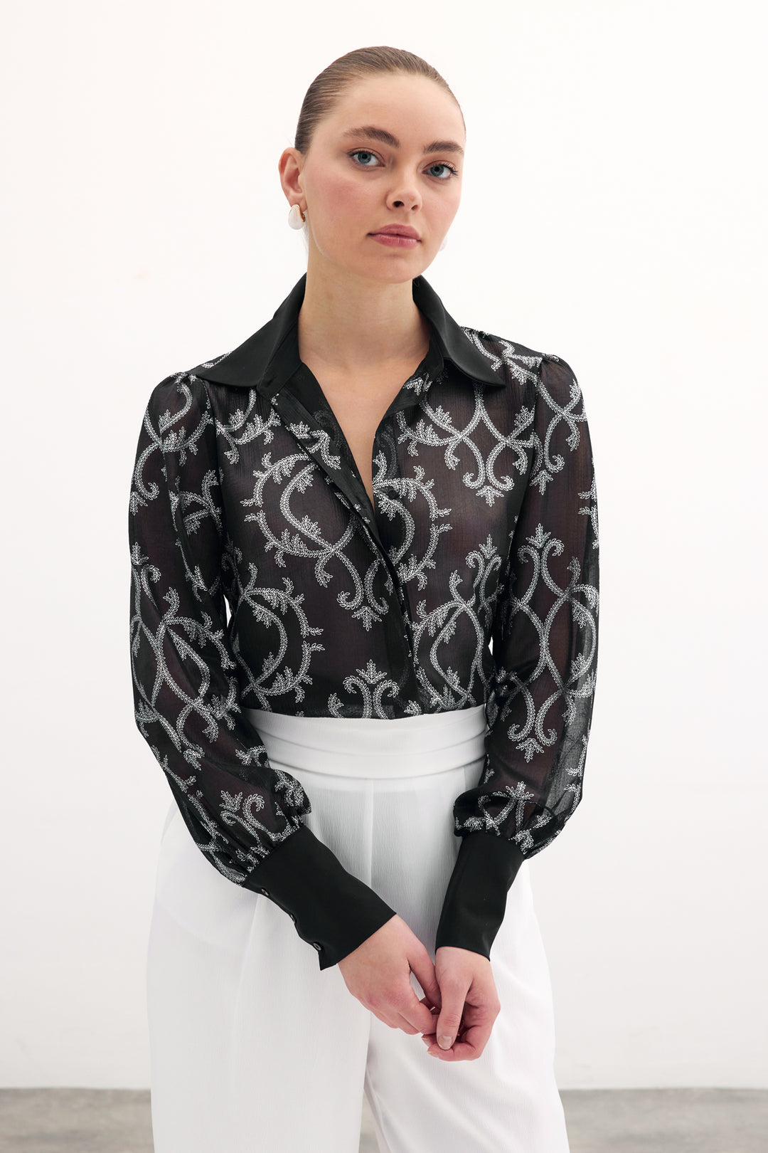 Sateen Chemise en Chiffon à Manches Amples - Noir