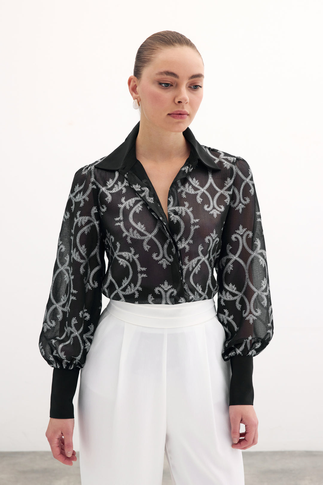 Sateen Chemise en Chiffon à Manches Amples - Noir