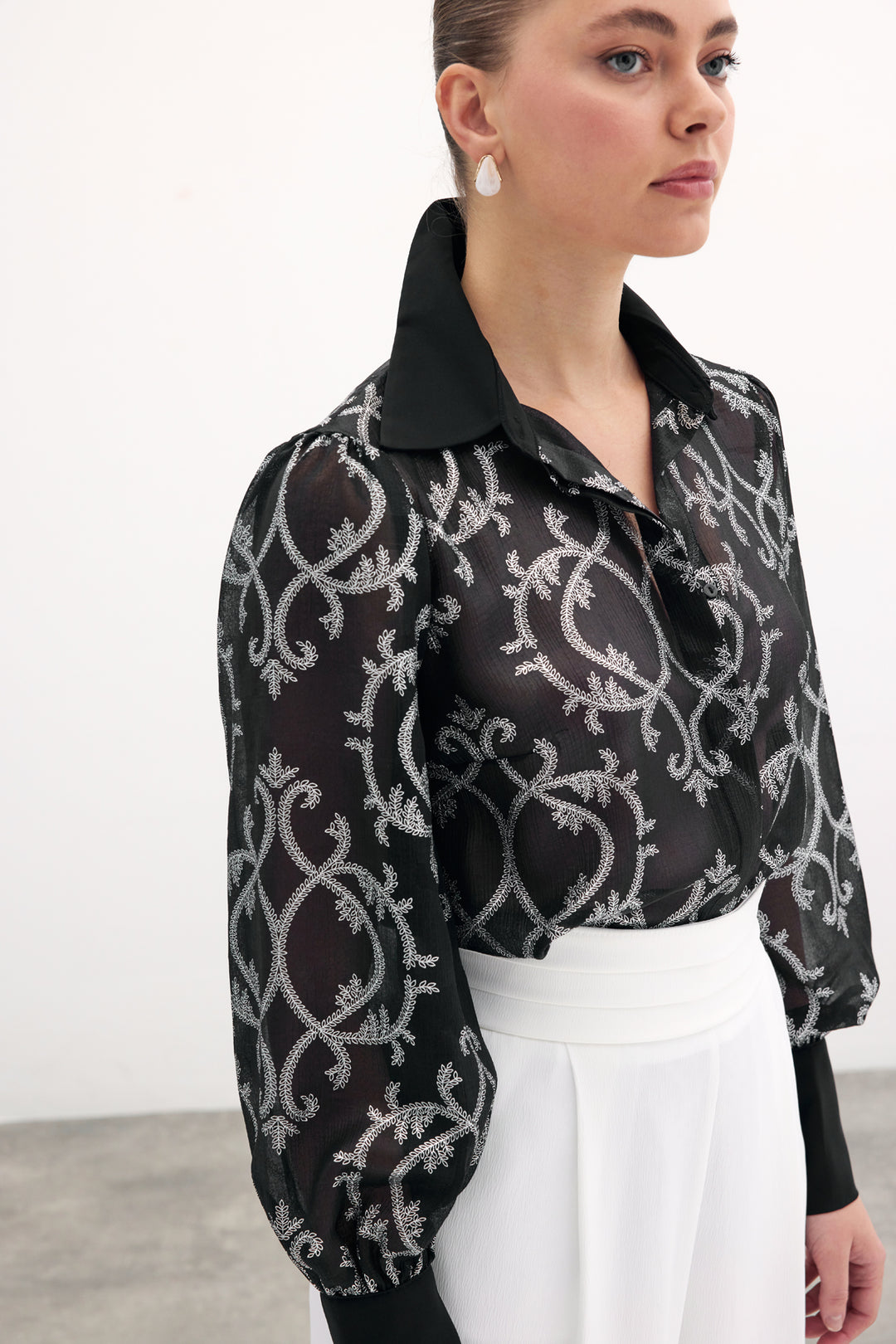 Sateen Chemise en Chiffon à Manches Amples - Noir