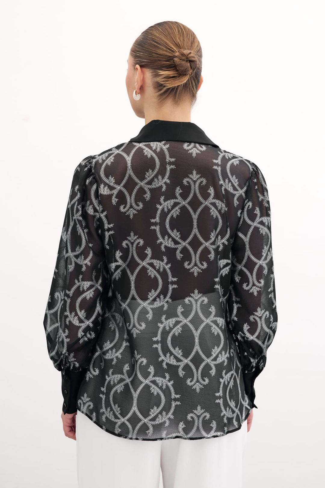 Sateen Chemise en Chiffon à Manches Amples - Noir