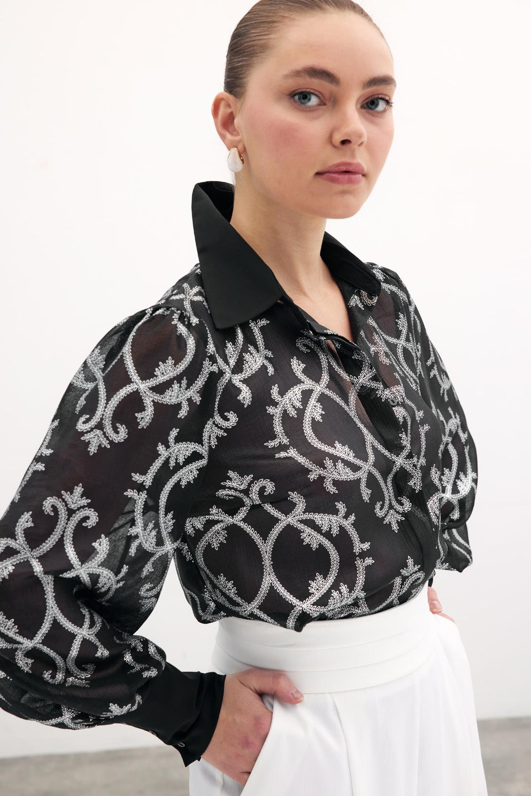 Sateen Chemise en Chiffon à Manches Amples - Noir