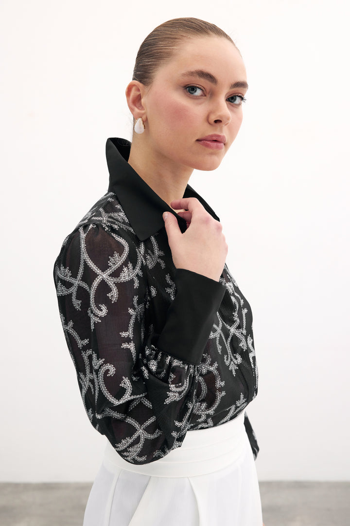 Sateen Chemise en Chiffon à Manches Amples - Noir