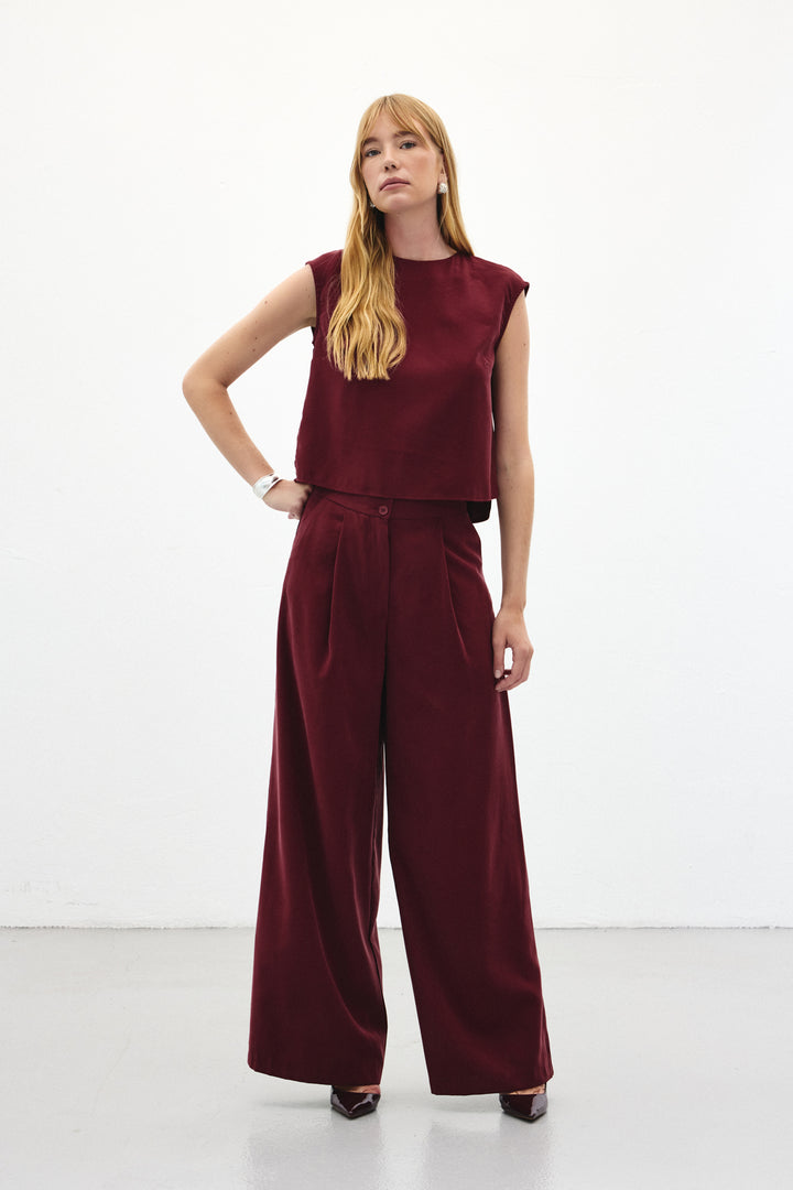 Sateen Pantalon à jambes larges - Bordeaux