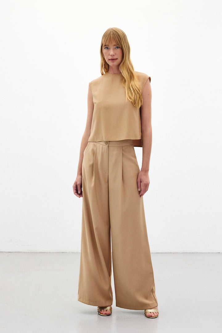 Sateen Pantalon à jambes larges - camel