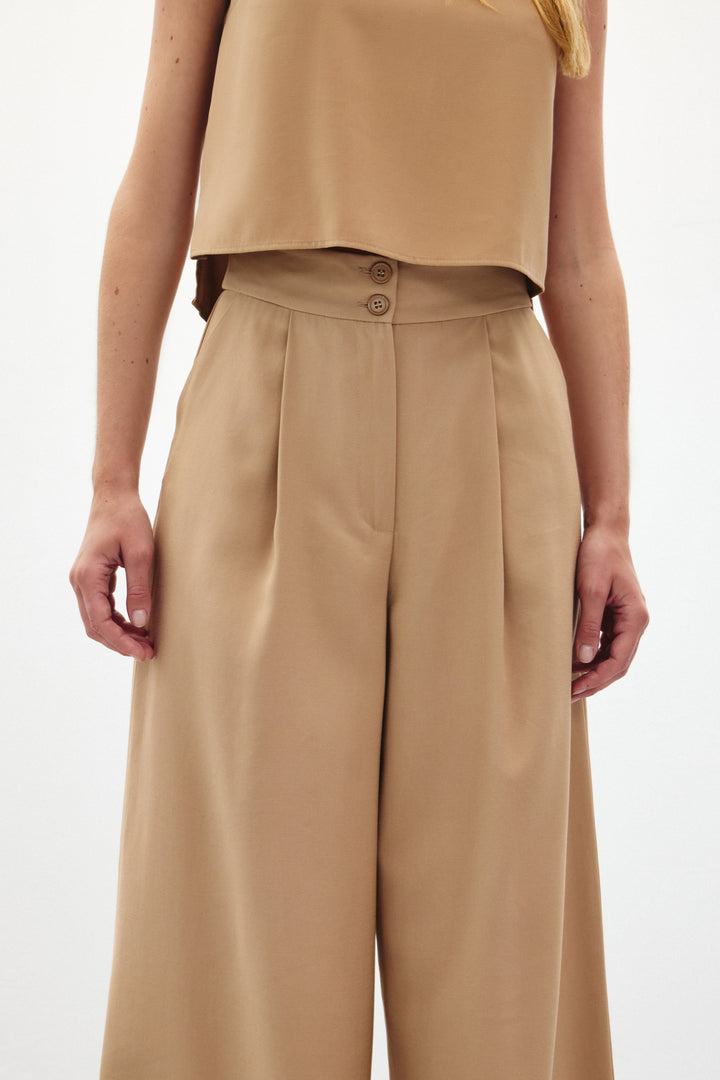 Sateen Pantalon à jambes larges - camel