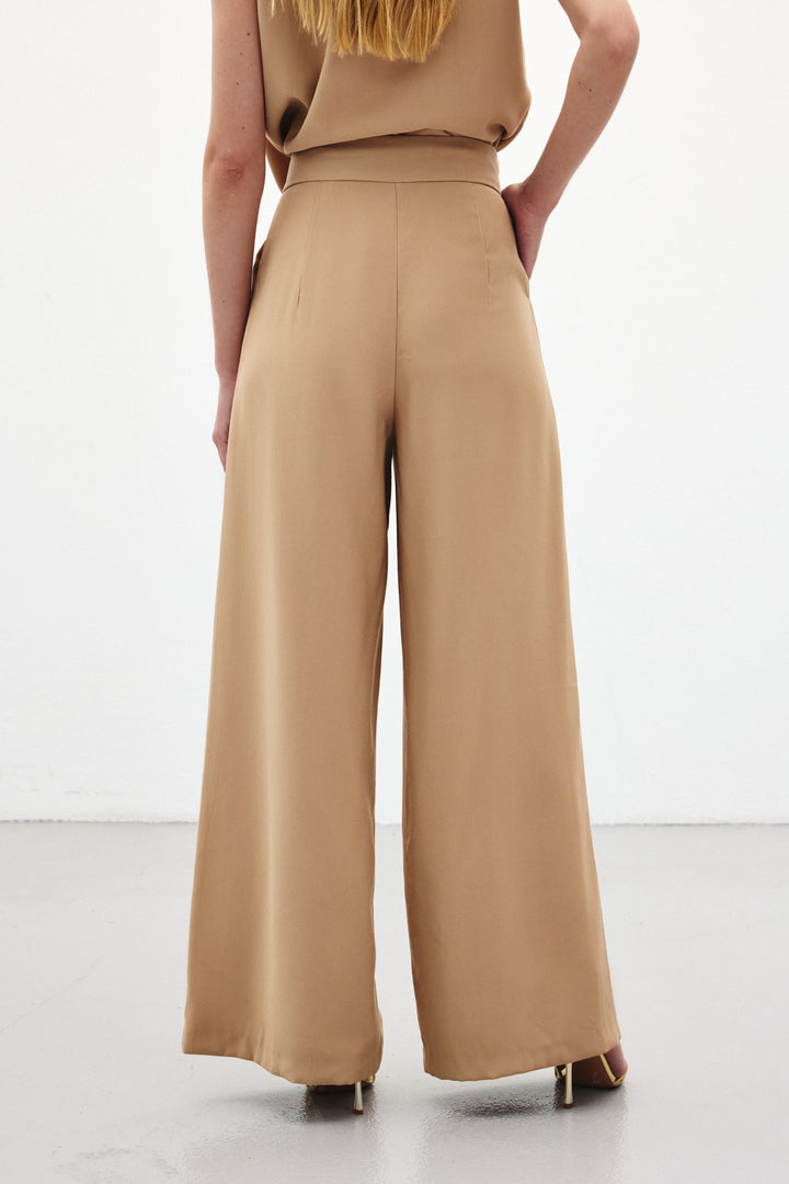 Sateen Pantalon à jambes larges - camel