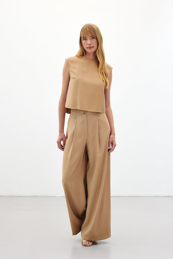 Sateen Pantalon à jambes larges - camel