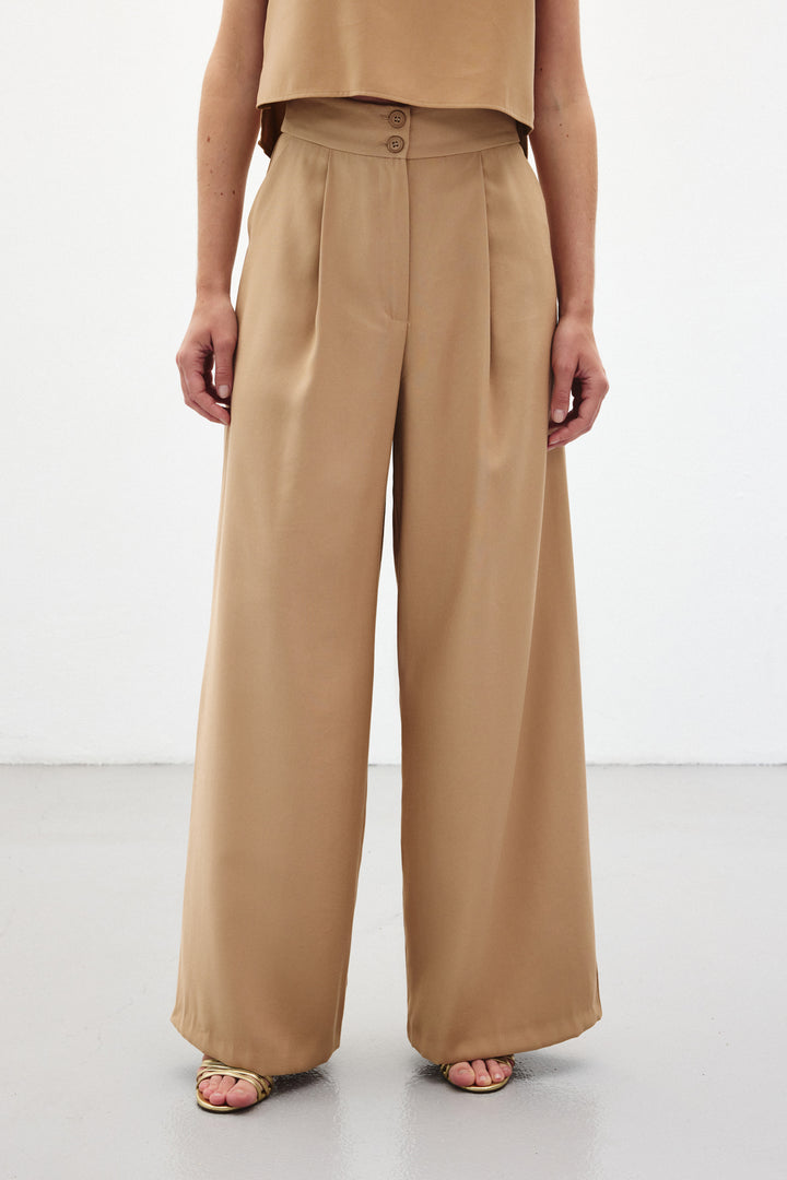 Sateen Pantalon à jambes larges - camel