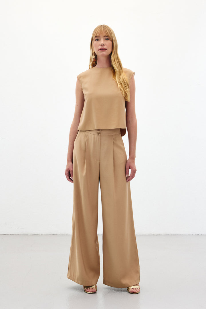 Sateen Pantalon à jambes larges - camel