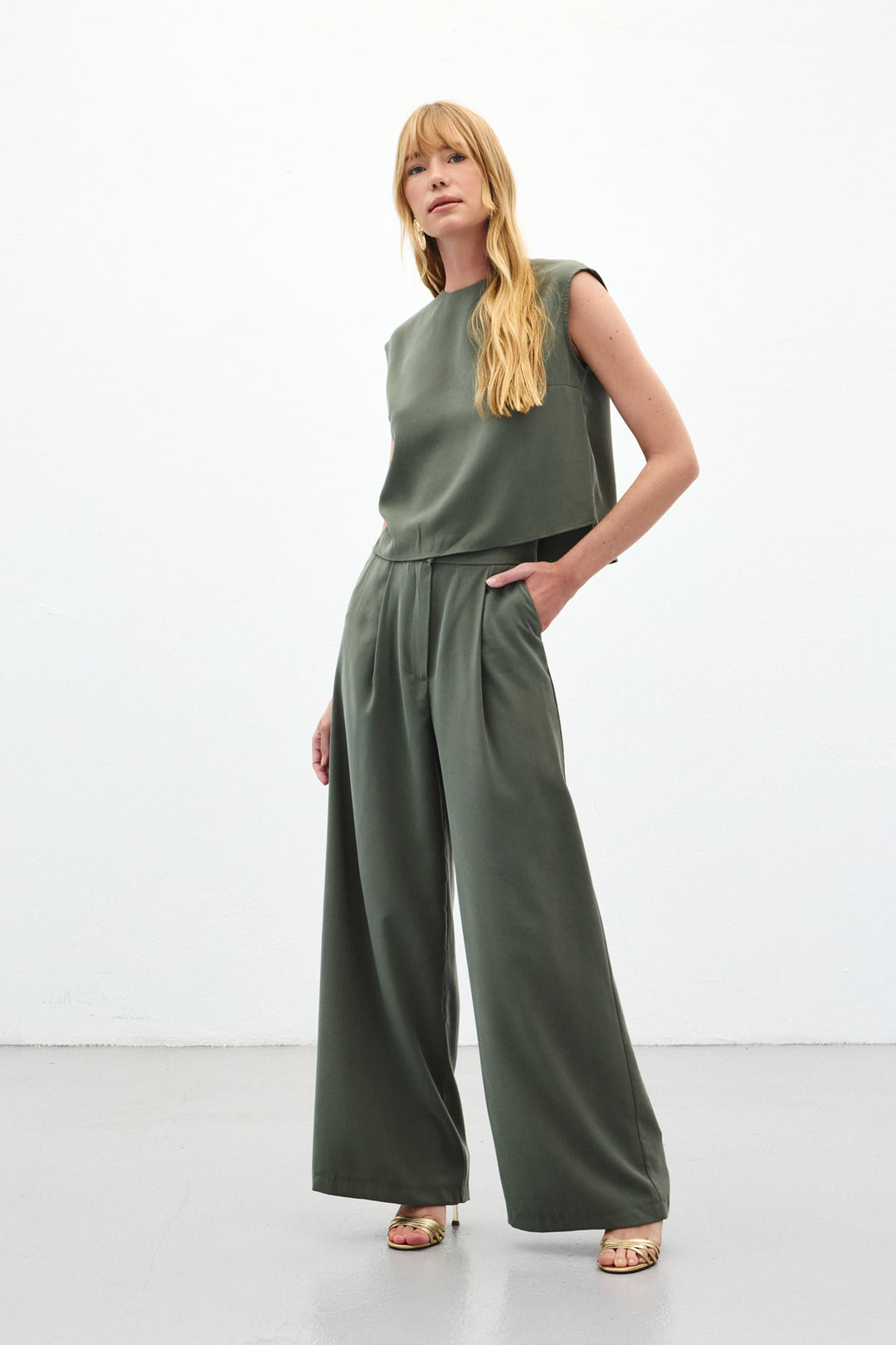 Sateen Pantalon à jambes larges - Kaki