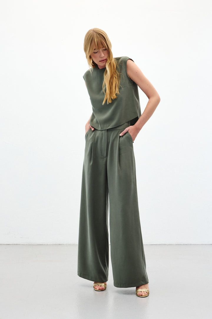 Sateen Pantalon à jambes larges - Kaki