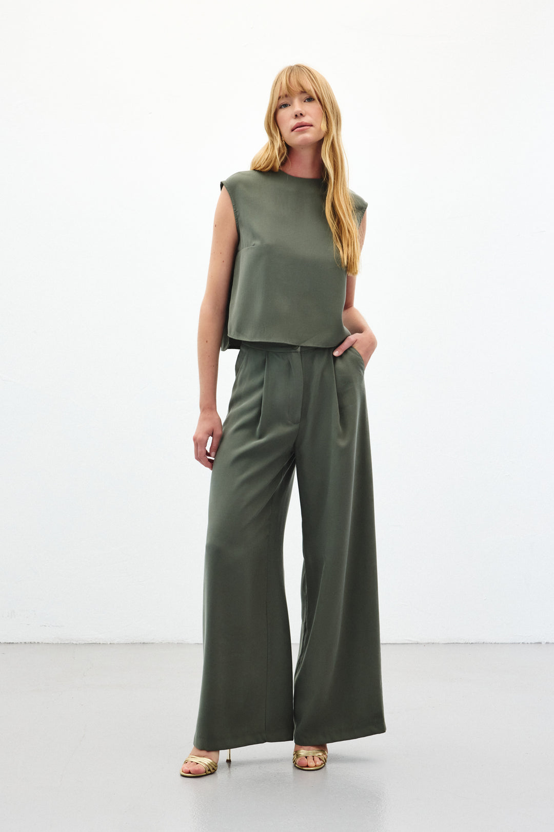 Sateen Pantalon à jambes larges - Kaki