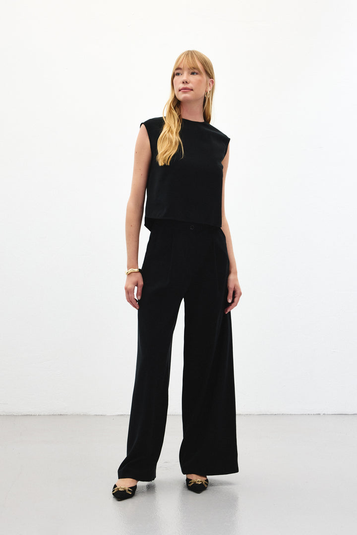 Sateen Pantalon à jambes larges - Noir