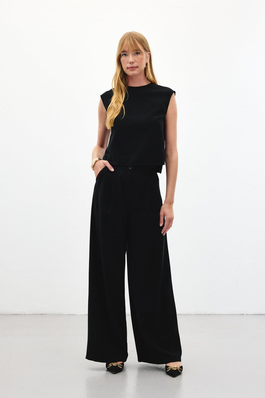 Sateen Pantalon à jambes larges - Noir