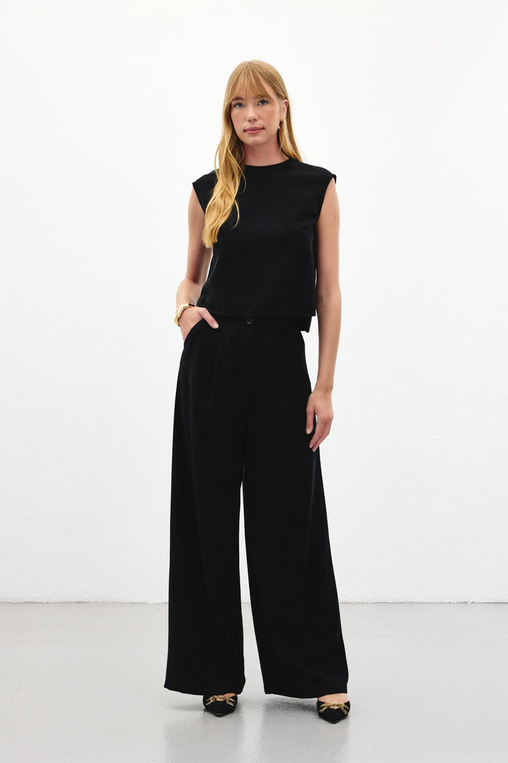 Sateen Pantalon à jambes larges - Noir