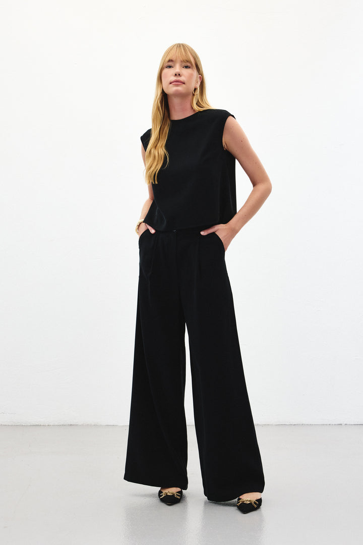 Sateen Pantalon à jambes larges - Noir