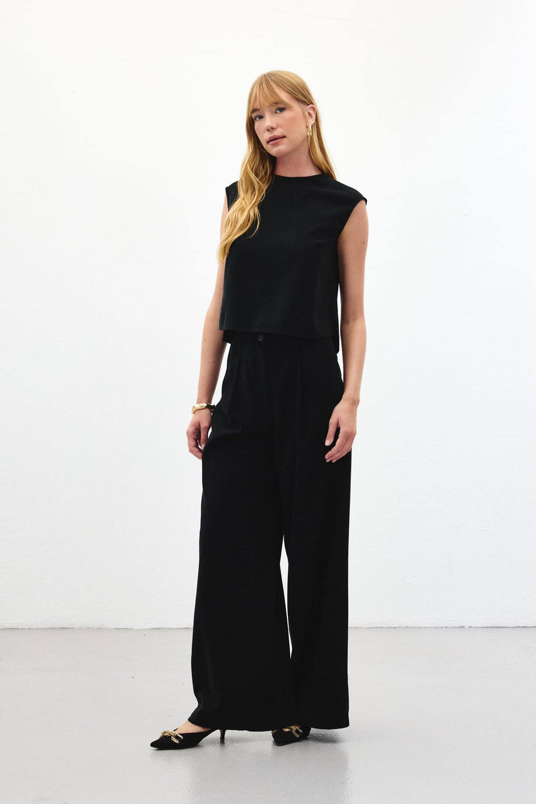 Sateen Pantalon à jambes larges - Noir