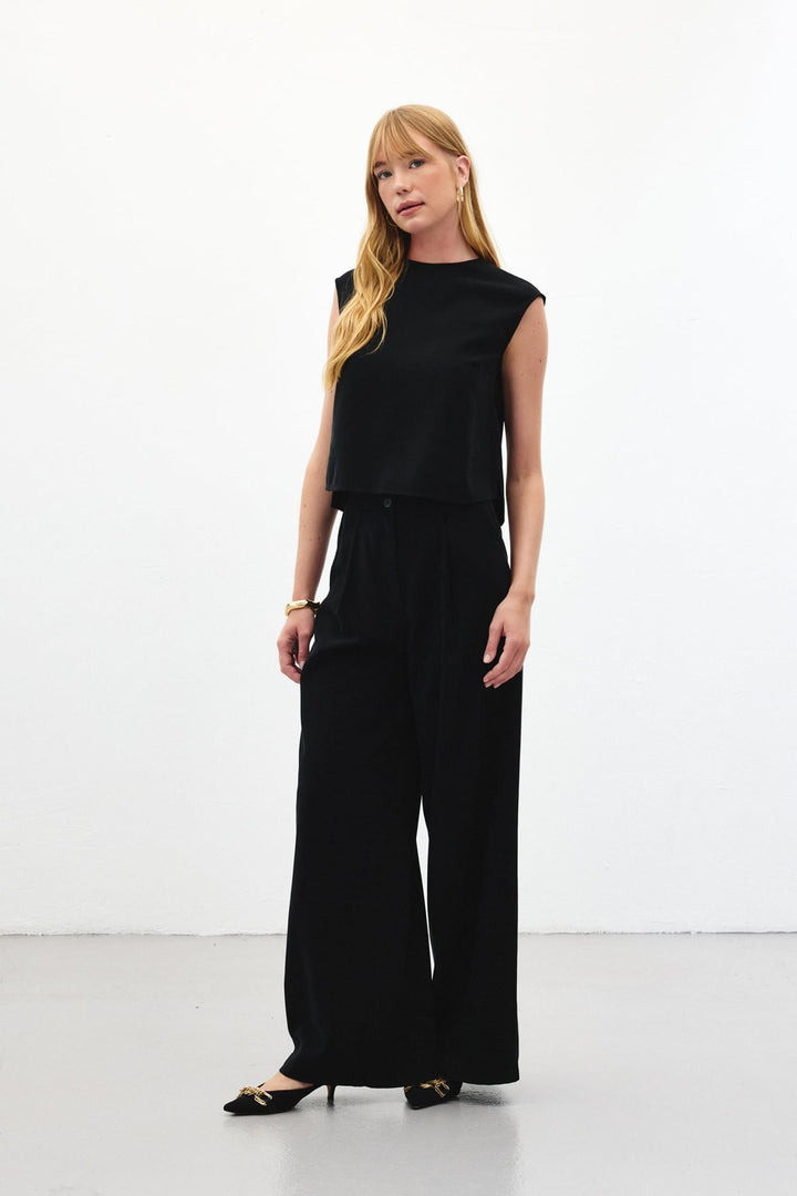 Sateen Pantalon à jambes larges - Noir