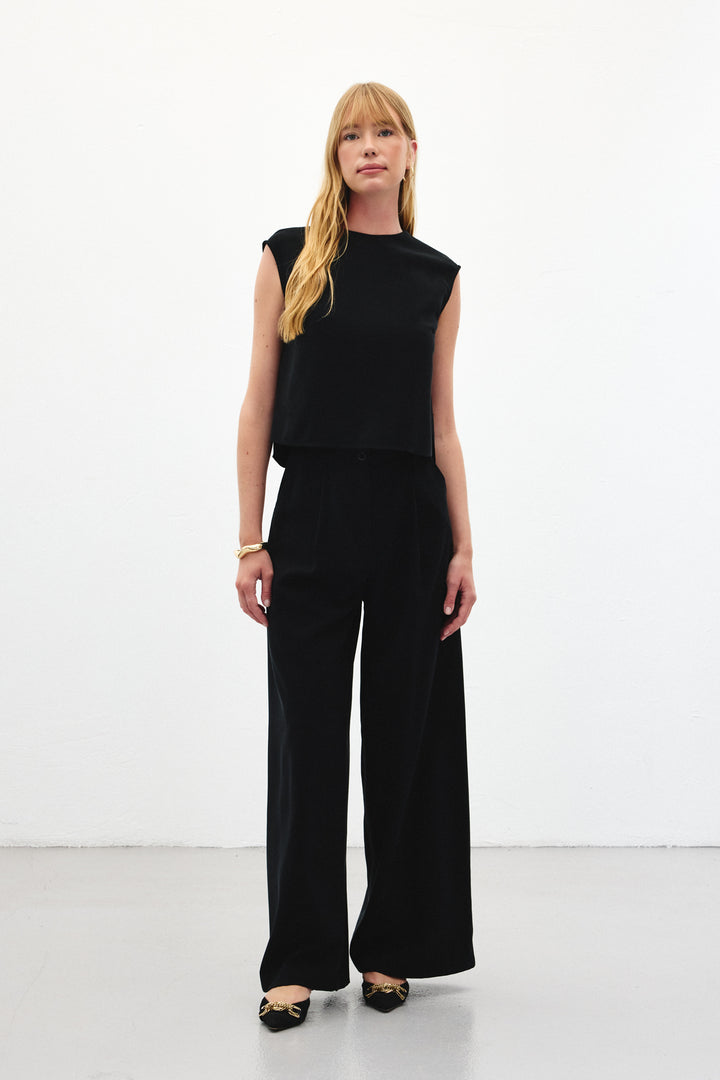 Sateen Pantalon à jambes larges - Noir