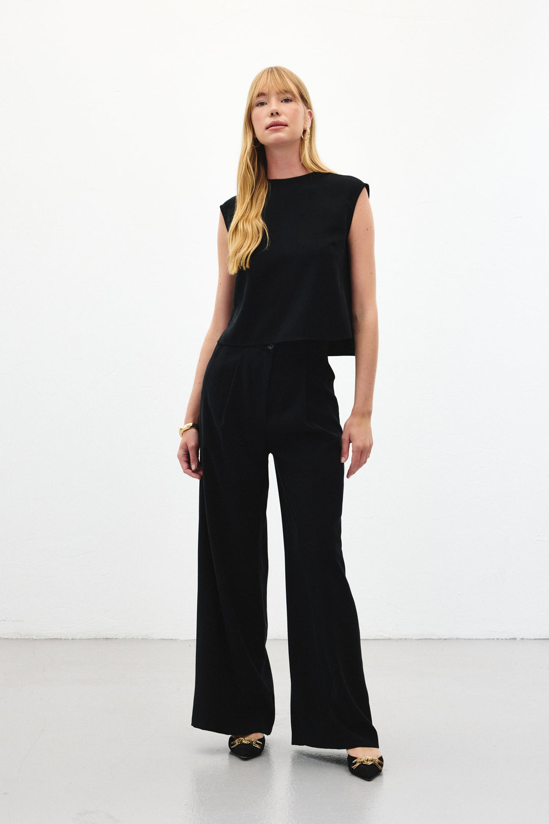 Sateen Pantalon à jambes larges - Noir